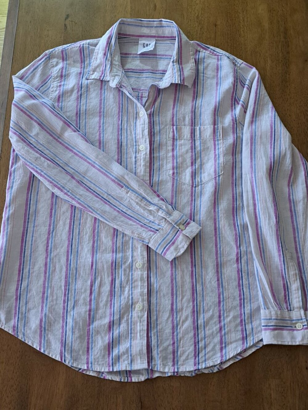 GAP Easy Shirt Woman Medium Button Down multi Stripe Linen Blend Relaxed costal